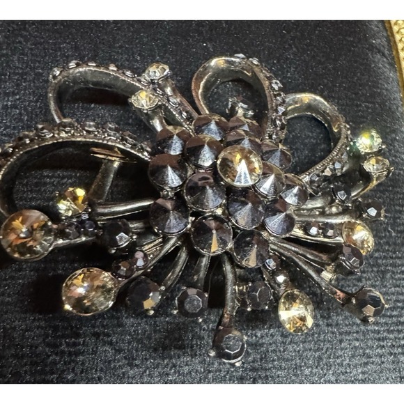 Vintage Rhinestone Starburst Flower Statement Brooch Black Champagne - Picture 9 of 14
